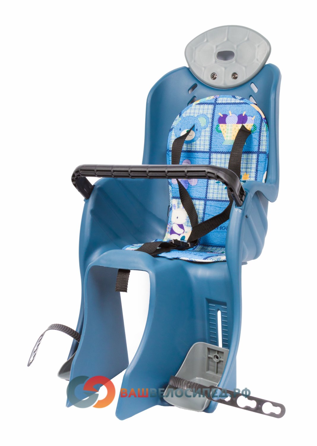 фото Детское велокресло на багажник, с поручнем и подголовником, до 22кг, 310*670*310мм, синее, 6-639882 m-wave