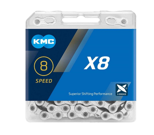 Цепь велосипедная KMC X8 Silver, 7/8 скоростей, 114 звеньев, 1/2''x3/32'', серебристая, BX08NP114
Цепь велосипедная KMC X8 Silver, 7/8 скоростей, 114 звеньев, 1/2''x3/32'', серебристая, BX08NP114