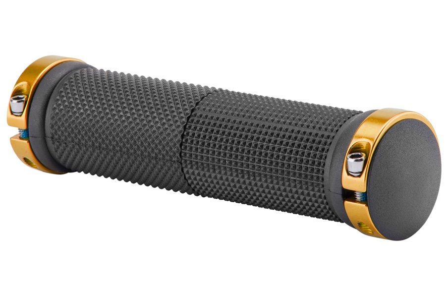 фото Грипсы велосипедные xh-g59bl, 130 мм, золотистые кольца, индивидуальная упаковка, черный, 150220 no name