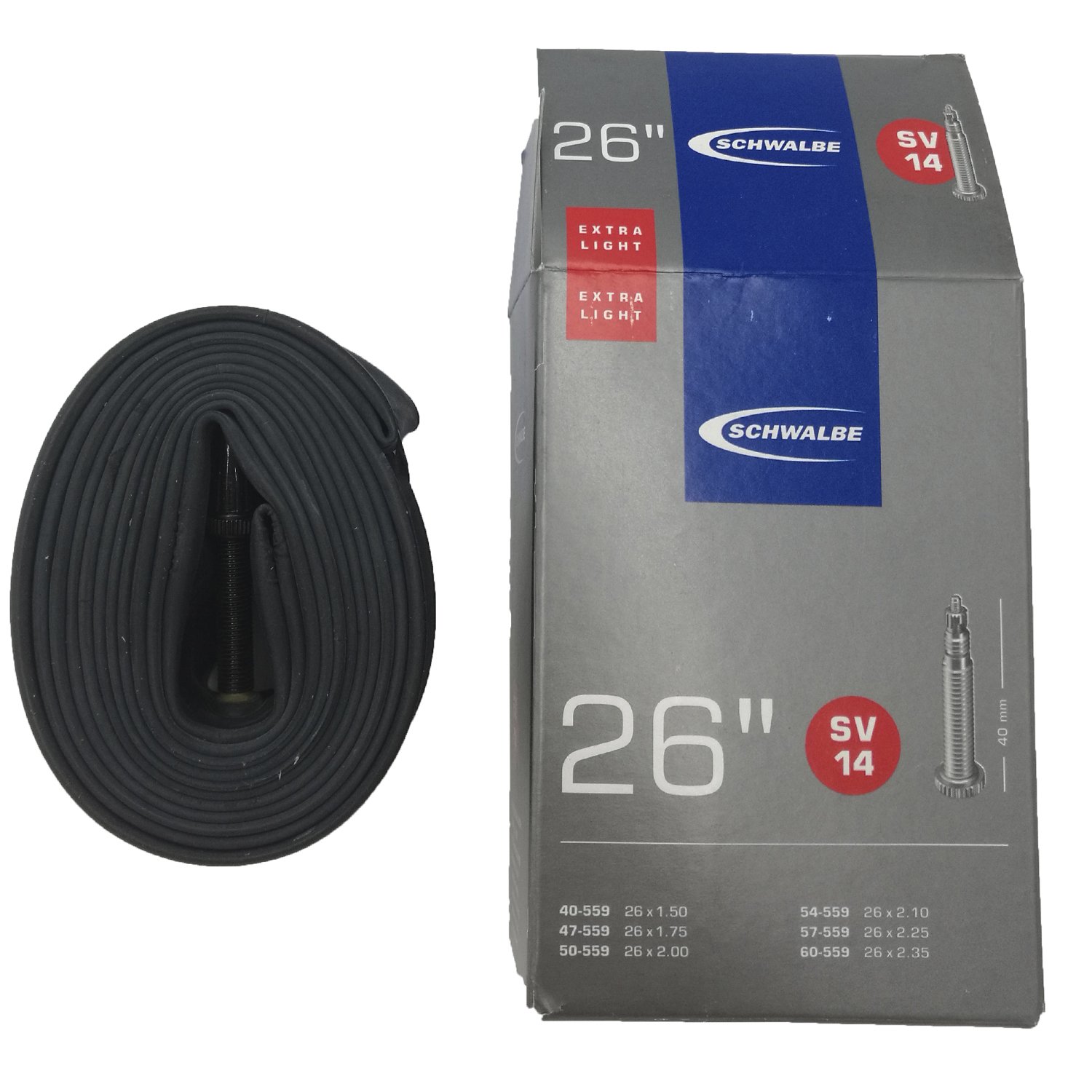 Велокамера Schwalbe SV14, 26"х1.5-2.35, 40/60-559, Presta 40mm, ExtraLight, 10424343
Велокамера Schwalbe SV14, 26"х1.5-2.35, 40/60-559, Presta 40mm, ExtraLight, 10424343