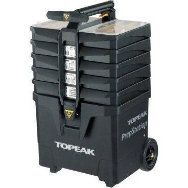 Мобильный набор TOPEAK PrepStation, 40 инструментов, TPS-03 Мобильный набор TOPEAK PrepStation, 40 инструментов, TPS-03Велоинструменты<br>Набор инструментов Topeak PrepStation TPS-03<br><br>Ультимативный набор профессиональных инструментов Topeak для обслуживания велосипеда. Включает 52 инструмента, которые, учитывая дублирующее назначение, могут считаться 80. Минимальный занимаемый объем для хранения - удобен для перевозки и мобильных мастерских. Позволяет одной покупкой закрыть почти все требуемые основные ключи в мастерской. Включает как ключи общего назначения (шестигранники всех типов, молоток, направляющая для резки труб, набор плоскогубцев, иглогубцев, кусачек, тросорезов) так и узкоспециализированные (съемники, выжимки, тросорез, монтажки, клещи для цепей и т.д.)<br><br>Чрезвычайно удобный контейнер является одновременно и рабочей подставкой - телескопическая рукоятка дает возможность одним движением обеспечить доступ к любому ключу из набора, передвижная колесная база повышает устойчивость комплекта в разложенном состоянии. <br><br>- 6 отсеков, 5 поддонов для ключей и 1 для компонентов во время ремонта<br>- Промышленный усиленный пластик<br>- Все ключи из хром-ванадиевой или закаленной инструментальной стали<br>- Колеса на подшипниках<br>- Опциональный чехол для перевозки<br>- Размер набора 38 x 36.2 x 67.1 см (в сложенном виде) и 38 x 36.2 x 91.5см в рабочем<br>