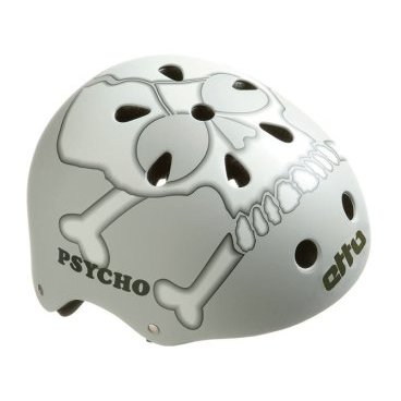 Велошлем Etto Psycho, цвет бело-серый с рисунком Graphic, XXL(57-63см), 390259 Велошлем Etto Psycho, цвет бело-серый с рисунком Graphic, XXL(57-63см), 390259Велошлемы<br>Увлекаетесь экстремальным велоспортом? Любимые направления - BMX, стрит или дерт? Тогда лучше прийти на гонку без байка, чем без шлема. Вы не понаслышке знаете, как часто случаются падения спортсменов, любящих экстрим. Шлем позволит Вам, упав, подняться и продолжить гонку, а не отправляться в ближайший медпункт. Лучшая модель, предназначенная для экстрималов - шлем-котелок Psycho от ETTO. Отлично защитит височную часть черепа и затылок. Снаружи - скорлупа из прочного пластика, внутренний слой - полипропилен. Мягкие простаки внутри шлема создают амортизацию. Проставки имеются на височной, затылочной области. Есть дополнительные вставки на теменную область и проставки, закрывающие уши. Шлем Psycho отлично подойдет для катаний в межсезонье, под него можно поддеть шапку или подшлемник. Шлем Etto Psycho: Материал: пластик, пенополистирол. Цвет: белый. Рисунок: череп. Размер: XXL (57-63см). Регулировка по размеру: нет. Страна - производитель: Норвегия<br>