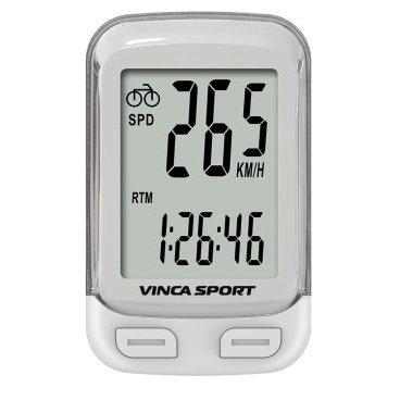 Велокомпьютер беспроводной, 12 функций, белый, инд.уп. Vinca Sport V-3600 white Велокомпьютер беспроводной, 12 функций, белый, инд.уп. Vinca Sport V-3600 whiteВелокомпьютеры<br>Велокомпьютер беспроводной, 12 функций: <br>ODO, часы, секундомер, функция Scan, время движения, средняя скорость, текущая скорость, максимальная скорость, пройденное расстояние, автоматическое вкл.\выкл.,<br>kmH\mpH системы измерения, включение\выключение подсветки<br>Цвет: белый <br>Индивидуальная упаковка Vinca Sport <br>Артикул: V-3600 white<br>