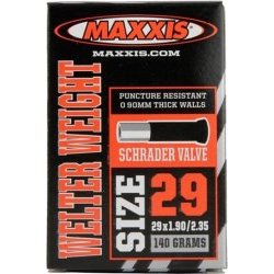 Камера Maxxis Welter Weight, 29x1.9/2.35, ниппель Schrader, IB96822500 Камера Maxxis Welter Weight, 29x1.9/2.35, ниппель Schrader, IB96822500Камеры для велосипеда<br>Универсальная камера Maxxis Welter Weight отличается малым весом и подойдет почти для любого типа катания. Толщина стенки камеры составляет 0.9мм, при этом она весьма устойчива к проколам. Данная модель оптимальна для использования с покрышками шириной 1.90-2.35 дюйма.<br><br>ОСОБЕННОСТИ:<br><br>Толщина стенки – 0.9 мм<br>Вес – 140 граммов<br>Размер: 29х1.9/2.35<br>Вентиль Шредера (стандартный автониппель)<br>