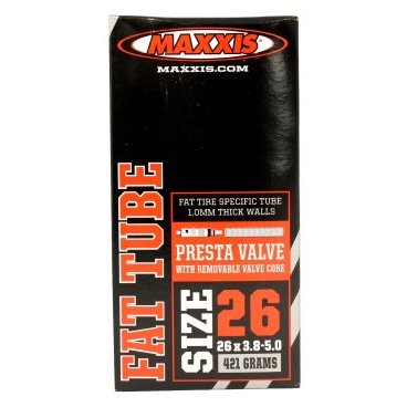 Камера Maxxis FAT, 26x3.8/5.0, ниппель Presta, велониппель, IB68600200 Камера Maxxis FAT, 26x3.8/5.0, ниппель Presta, велониппель, IB68600200Камеры для велосипеда<br>Универсальная камера для фэтбайков с диаметром колёс 26. Подойдёт для большинства покрышек шириной от 3.8 до 5 дюймов. Толщина стенки камеры составляет 1мм, что обеспечивает малый вес при хорошей устойчивости к проколам<br><br>Камера Maxxis FAT Tire tube.<br>Размер: 26x3.8/5.0<br>Толщина стенок: 1мм<br>Вес: 390г<br><br>Инструкция по установке:<br>1 Осмотрите внутреннюю поверхность обода и убедитесь, что она не содержит каких-либо дефектов.<br>2 Проверьте чтобы флиппер полностью закрывал все концы спиц.<br>3 Оденьте одну сторону покрышки на обод.<br>4 Вставьте камеру в покрышку и немного подкачайте, чтобы она легла внутрь покрышки.<br>5 Вставьте вентиль камеры в отверстие обода.<br>6 Установите вторую сторону покрышки на обод с помощью монтажки.<br>7 Не используйте в качестве монтажки отвертки и другие острые предметы.<br>8 Частично накачайте камеру, убедитесь что края покрышки равномерно легли вокруг обода.<br>9 Накачайте камеру до рекомендованного давления, указанного на боковине покрышки.<br>10 При накачке не рекомендуется использовать компрессор.<br>