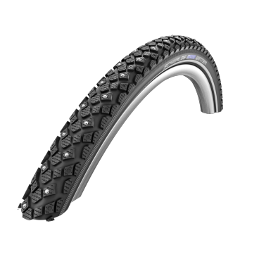 Велопокрышка SCHWALBE Marathon Winter 28х1.35 (35-622), зимняя 240 шипов, черная, 11126448 Велопокрышка SCHWALBE Marathon Winter 28х1.35 (35-622), зимняя 240 шипов, черная, 11126448Велопокрышки<br>Для более безопасного передвижения зимой. На обледенелых дорогах вы будете чувствовать себя уверенно с шиной Marathon Winter. Даже в трудной ситуации и при эстремальном торможении Вы будет контролировать свой байк. Шипы будут максимально «работать» при пониженном давлении воздуха, в то время как при максимальном давлении воздуха на необледенелых дорогах вы будет передвигаться с минимальным шумом. B/B(Black/Black) – черный протектор/черная боковина. RT(Reflective Tire) - светоотражающая полоса. WiC(Winter Compound) – компаунд для зимних шипованных шин. Performance Line - шины высшего качества для соревнований (по крутости - это второй сверху уровень шин у Schwalbe). Race Guard - защитный слой, разработанный исключительно для гоночных шин. <br>Соединение специальной резины и несколько слоев нейлонового волокна гарантирует высокую надежность при минимальном весе. <br><br>Характеристики:<br>Компаунд: WiC; <br>Размер: (28x1.35-700x35C) 35-622; <br>Корд: стальной; <br>Давление: 2.0-5.0 Bar; <br>Номер протектора: HS429; <br>Плотность каркаса: 67 EPI;<br>Допустимая нагрузка: 80 кг;<br>Цвет: черный со светоотражающей полосой; <br>Шипы: 240 шт.<br>Вес: 920 г.<br>