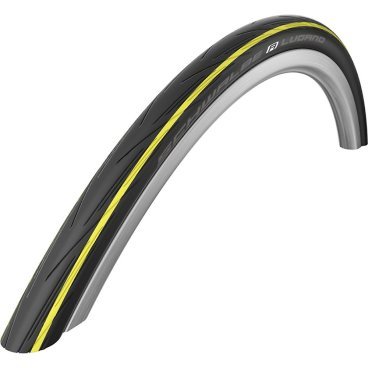 Шоссейная покрышка Schwalbe Lugano 700x23C, черная-жёлтая, 11101016V Шоссейная покрышка Schwalbe Lugano 700x23C, черная-жёлтая, 11101016VВелопокрышки<br>Schwalbe LUGANO<br>Шина начального уровня.<br>Новый протектор. Предсказуемое поведение на трассе и<br>вполне приемлемая цена. <br><br>Размеры: 700x23C (23-622)<br>Профиль: HS471<br>Цвет: Черный с желтыми полосами<br>Материал: Silica/ Active<br>Назначение: Шоссе<br>Каркас: Проволочный<br>Боковина: Lite<br>Защита: Kevlar Guard<br>Вес: 325 гр.<br>Макс. нагрузка: 60 кг (на одно колесо)<br>Оценка по скоростным характеристикам: 3 из 6<br>Оценка по сцеплению: 3 из 6<br>Оценка по защите от проколов: 3 из 6<br>Оценка по сроку службы: 3 из 6<br>Рекомендуемое давление в шинах: 6.0-9.0 Bar<br>