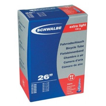 Велокамера FV Schwalbe 26х1.5-2.35 (40-60х559), 60мм SV14 ExtraLight, 10424363 Велокамера FV Schwalbe 26х1.5-2.35 (40-60х559), 60мм SV14 ExtraLight, 10424363Камеры для велосипеда<br>Велокамеры Schwalbe являются единственными в мире, удостовенными печати качества VSF all ride (германская <br>ассоциация продавцов только высококачественной продукции).Победитель теста велокамера Schwalbe SV13.<br><br>Велокамеры Schwalbe удерживают воздух значительно дольше, потому что качеству и чистоте материала уделяется <br>максимальное внимание. Каждая велокамера Schwalbe накачивается на заводе индивидуально и в течении 24 часов <br>проверяется на пропускаемость воздуха. При этом камера помещаятся в прессформу, что гарантирует стабильность толщины <br>стенок и удержание воздуха.<br><br><br>Данная модель покрывает наиболее распространенные диапазоны сечения покрышек.<br><br>Extra Light - облегеченные велокамеры Schwalbe.<br><br>Характеристики велокамеры 26 SV14 Extra Light:<br><br> размер колеса: 26х1.5-2.35 (40-60х559);<br><br> тип нипеля: FV (Presta, французский);<br> длина нипеля: 60 мм;<br> вес: 130 гр;<br> категория: облегченная.<br>