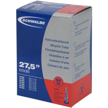 Велокамера Schwalbe, 40/62-584 / 27,5x1.50-2.40SV21, 10400153 Велокамера Schwalbe, 40/62-584 / 27,5x1.50-2.40SV21, 10400153Камеры для велосипеда<br>Велокамеры Schwalbe являются единственными в мире, удостовенными печати качества VSF all ride (германская <br>ассоциация продавцов только высококачественной продукции).Победитель теста велокамера Schwalbe SV13.<br><br>Велокамеры Schwalbe удерживают воздух значительно дольше, потому что качеству и чистоте материала уделяется <br>максимальное внимание. Каждая велокамера Schwalbe накачивается на заводе индивидуально и в течении 24 часов <br>проверяется на пропускаемость воздуха. При этом камера помещаятся в прессформу, что гарантирует стабильность толщины <br>стенок и удержание воздуха.<br><br><br><br><br> размер колеса: 40/62-584 / 27,5x1.50-2.40 650B<br><br> клапан: SV 13 (40 мм)<br><br> вес: 250 гр<br><br> цвет: черный<br><br> ниппель: presta (вело)<br>