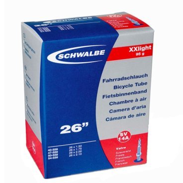Велокамера Schwalbe 40/54-559 мм / 26x1.50-2.10, SV14A XXLight, 10424743 Велокамера Schwalbe 40/54-559 мм / 26x1.50-2.10, SV14A XXLight, 10424743Камеры для велосипеда<br>Велокамеры Schwalbe являются единственными в мире, удостовенными печати качества VSF all ride (германская <br>ассоциация продавцов только высококачественной продукции).Победитель теста велокамера Schwalbe SV13.<br><br>Велокамеры Schwalbe удерживают воздух значительно дольше, потому что качеству и чистоте материала уделяется <br>максимальное внимание. Каждая велокамера Schwalbe накачивается на заводе индивидуально и в течении 24 часов <br>проверяется на пропускаемость воздуха. При этом камера помещаятся в прессформу, что гарантирует стабильность толщины <br>стенок и удержание воздуха.<br><br><br><br><br> размер колеса: 40/54-559 мм / 26x1.50-2.10 дюймов<br><br> клапан: SV 14 XXLight (40 мм)<br><br> вес: 95 гр<br><br> цвет: черный<br><br> ниппель: fahrrad/woods/hollands<br>