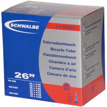 Велокамера Schwalbe 90/120-559 мм / 26x3.50-4.25, SV13J, велониппель, 10400193 Велокамера Schwalbe 90/120-559 мм / 26x3.50-4.25, SV13J, велониппель, 10400193Камеры для велосипеда<br>Велокамеры Schwalbe являются единственными в мире, удостовенными печати качества VSF all ride (германская <br>ассоциация продавцов только высококачественной продукции).Победитель теста велокамера Schwalbe SV13.<br><br>Велокамеры Schwalbe удерживают воздух значительно дольше, потому что качеству и чистоте материала уделяется <br>максимальное внимание. Каждая велокамера Schwalbe накачивается на заводе индивидуально и в течении 24 часов <br>проверяется на пропускаемость воздуха. При этом камера помещаятся в прессформу, что гарантирует стабильность толщины <br>стенок и удержание воздуха.<br><br><br><br><br> размер колеса: 90/120-559 мм / 26x3.50-4.25<br><br> клапан: SV 13 (40 мм)<br><br> вес: 390 гр<br><br> цвет: черный<br><br> ниппель: presta (вело)<br>