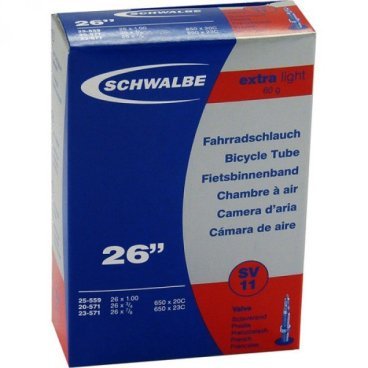 Велокамера Schwalbe, 18/25-559 мм / 26х1.0-3/4, SV11ExtraLight, 10422313 Велокамера Schwalbe, 18/25-559 мм / 26х1.0-3/4, SV11ExtraLight, 10422313Камеры для велосипеда<br>Велокамеры Schwalbe являются единственными в мире, удостовенными печати качества VSF all ride (германская <br>ассоциация продавцов только высококачественной продукции).Победитель теста велокамера Schwalbe SV13.<br><br>Велокамеры Schwalbe удерживают воздух значительно дольше, потому что качеству и чистоте материала уделяется <br>максимальное внимание. Каждая велокамера Schwalbe накачивается на заводе индивидуально и в течении 24 часов <br>проверяется на пропускаемость воздуха. При этом камера помещаятся в прессформу, что гарантирует стабильность толщины <br>стенок и удержание воздуха.<br><br><br><br><br><br> размер колеса: 18/25-559 мм / 26х1.0-3/4 дюймов<br><br> клапан: SV11 ExtraLight (40 мм)<br><br> вес: 60 гр<br><br> цвет: черный<br><br> ниппель: fahrrad/woods/hollands<br>