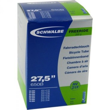 Велокамера Schwalbe 54/75-584 мм / 27.5x2.10-3.00, AV21F, автониппель 10400030 Велокамера Schwalbe 54/75-584 мм / 27.5x2.10-3.00, AV21F, автониппель 10400030Камеры для велосипеда<br>Велокамеры Schwalbe являются единственными в мире, удостовенными печати качества VSF all ride (германская <br>ассоциация продавцов только высококачественной продукции).Победитель теста велокамера Schwalbe SV13.<br><br>Велокамеры Schwalbe удерживают воздух значительно дольше, потому что качеству и чистоте материала уделяется <br>максимальное внимание. Каждая велокамера Schwalbe накачивается на заводе индивидуально и в течении 24 часов <br>проверяется на пропускаемость воздуха. При этом камера помещаятся в прессформу, что гарантирует стабильность толщины <br>стенок и удержание воздуха.<br><br><br><br><br> размер колеса: 54/75-584 мм / 27.5x2.10-3.00 дюймов<br><br> клапан: AV 21Freeride (40 мм)<br><br> вес: 200 гр<br><br> цвет: черный<br><br> ниппель: auto/moto<br>