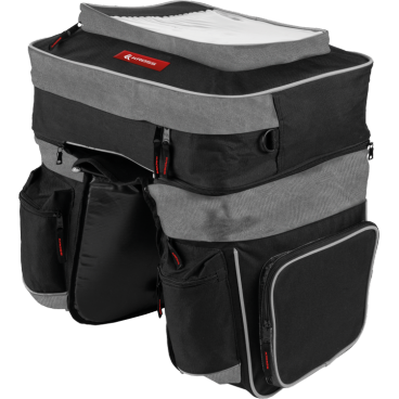 Сумка на багажник велосипеда Kross TRIPLE PANNIER BAG, 41*12*35cm 29*14*25cm, черная, T4CTO000147 Сумка на багажник велосипеда Kross TRIPLE PANNIER BAG, 41*12*35cm 29*14*25cm, черная, T4CTO000147Велосумки<br>Вместительная велосипедная дорожная сумка изготовлена из водоотталкивающего нейлона. Съемная верхняя перегородка, имеющая специальную карман на карту. Светоотражающие элементы обеспечивают безопасность даже в условиях ограниченной видимости.<br> Характеристики <br>Система крепления: Система стабилизирующих ремней на липучке<br>Материал: водонепроницаемый нейлон<br>Аксессуары: верхняя сумка - съемный, два кармана, карман для карты, плечевой ремень; сумка боковая - главный отсек, два боковых кармана, светоотражающие подол. Все карманы на молнии<br>Размер: сумка верхняя 41 x 12 x 35 см, сумка боковая 29 x 14 x 25 см<br>