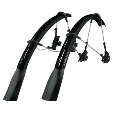 Крылья SKS Raceblade Pro, чёрные, 11319 Крылья SKS Raceblade Pro, чёрные, 11319Крылья для велосипедов<br>Последнее поколение крыльев для шоссейных велосипедов с максимальной шириной колеса 25мм. Их простая двухшарнирная быстросъёмная система крепления подходит также для шоссейных аэровилок и совместима с дисковыми тормозами. Регулируемая длина стоек позволяет прекрасно адаптировать крылья под радиус колеса. Суперлёгкие экстрадлинные брызговики дают дополнительную защиту от брызг. Плёнка для защиты поверхности рамы прилагается.<br><br>Характеристики: <br>Цвет:чёрный <br>Вес:355 г<br>Диаметр колеса:28 <br>Ширина колеса:25 мм <br>Длина переднего крыла:519 мм <br>Длина заднего крыла:680 мм<br>