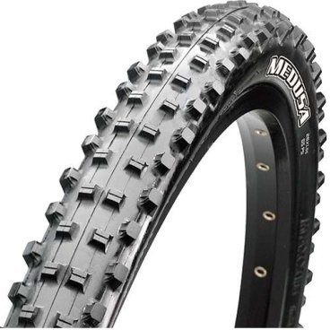 Велопокрышка Maxxis Medusa, 26x2.1, 60 TPI, wire, черная, TB69765300 Велопокрышка Maxxis Medusa, 26x2.1, 60 TPI, wire, черная, TB69765300Велопокрышки<br>Созданная благодаря гонщикам из европейской команды Maxxis, покрышка Medusa предназначена для гонок в грязных условиях. Низкий профиль обеспечивает малый вес и отличное сцепление в гонках по грязи. Развитые шипы отлично закапываются в грязь, а широкое расстояние между ними не позволяет покрышке проваливаться целиком. Отличные показатели при езде по грязи и другим вязким поверхностям. Из-за низкого профиля будет отличным выбором для легких гонщиков.<br><br> Характеристики <br>Размер: 26x2.10<br>Плотность корда: 60 TPI<br>Тип корда: жесткий<br>Максимальное давление: 65 PSI<br>Жесткость резины: 70а<br>Вес: 580г<br>
