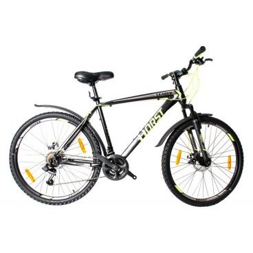 Горный велосипед HORST Leader 26 2017 Горный велосипед HORST Leader 26 2017Горные (MTB)<br>Горный велосипед HORST LEADER на 26-дюймовых колесах подойдет тем, кто хочет покорять новые дороги и вершины. Прочная стальная рама, амортизационная вилка, 21 скорость, дисковые тормоза и классические 26-дюймовые колеса – вот черты настоящего вездехода. Кроме того, велосипед уже укомплектован самыми необходимыми вспомогательными элементами: крыльями на колесах, защищающими вас от грязи, и подножкой для его удобной парковки. По соотношению цена/качество HORST LEADER на настоящий момент является одним из лучших предложений с дисковыми тормозами на рынке.<br><br>Модельный год2017<br>Рама (размеры)Стальная (hi-ten), колеса 26<br>ВилкаHORST 715F, амортизационная<br>Рулевая колонкаJINGYE, 1-1/8<br>Руль / выносHORST, ширина 620 мм, стальной / HORST, алюминиевый<br>КареткаYONGLING D-3<br>ЦепьKMC Z33<br>ВтулкиSHUNFENG, 36 отверстий<br>МанеткиShimano Tourney, триггерные<br>Передний переключательSHIMANO TZ30<br>Задний переключательSHIMANO TY21<br>КассетаSHUNFEN, 14-28 зубьев, 7 звезд<br>ТормозаREPUTE DSC-510, дисковые<br>Тормозные ручкиShimano Tourney ST-EF41<br>Система42-32-22 зубьев, 170 мм шатуны<br>Ободадвойные обода, 36 отверстий, алюминиевые<br>ПокрышкиFEIYADA, 26<br>ПедалиFEIMIN, пластмассовые<br>Количество скоростей21<br>