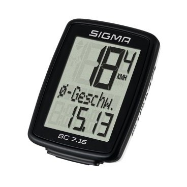 Велокомпьютер SIGMA BC 7.16, 7 функций, проводной, 07160 Велокомпьютер SIGMA BC 7.16, 7 функций, проводной, 07160Велокомпьютеры<br>В дополнение к стандартным функциям BC 7.16 отображает общее время поездки и среднюю скорость на маршруте. Большой дисплей, спортивный дизайн - устройство станет приятным спутником каждой вашей поездки. Модель доступна как в варианте проводной, так и беспроводной АТС-связи. <br>Типпроводные<br>Подсветканет<br>Элемент питанияCR2032 сменная батарея<br> - велокомпьютер Sigma BC 7.16<br> - проводная база с датчиком скорости<br> - магнит<br> - крепежные кольца<br> - руководство пользователя<br>Семь функций<br><br>В дополнение к основным функциям ВС 7.16 вычисляет среднюю скорость и показывает общее время поездки. Большой экран и аккуратный обтекаемый дизайн будут отлично смотреться на любом велосипеде.<br>