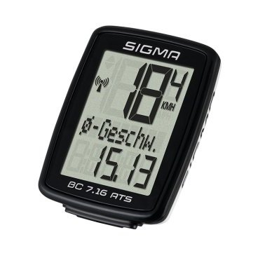 Велокомпьютер SIGMA BC 7.16 ATS, беспроводной, 7 функций, 07162 Велокомпьютер SIGMA BC 7.16 ATS, беспроводной, 7 функций, 07162Велокомпьютеры<br>В дополнение к базовым функциям велокомпьютера BC 7.16 АTS также вычисляет среднюю скорость езды и подсчитывает суммарное время всех поездок. Большой экран и современный обтекаемый дизайн будут отлично смотреться на любом велосипеде. Доступен в проводной и беспроводной версии.<br>Семь функций<br><br>В дополнение к основным функциям ВС 7.16 ATS вычисляет среднюю скорость и показывает общее время поездки. Большой экран и аккуратный обтекаемый дизайн будут отлично смотреться на любом велосипеде.<br>- велокомпьютер Sigma BC 7.16 ATS<br> - беспроводная база<br> - датчик скорости ATS<br> - магнит<br> - крепежные кольца<br> - руководство пользователя<br>