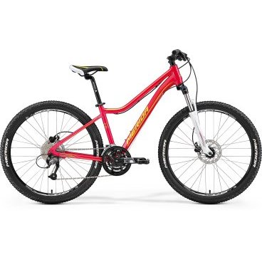 Горный велосипед Merida Juliet 6.40-D 2017 Горный велосипед Merida Juliet 6.40-D 2017Горные (MTB)<br>Женский горный велосипед с оборудованием любительского класса Shimano, 27 скоростей. Технические особенности: алюминиевая рама Juliet Speed 6, амортизационная вилка SR Suntour 26 XCT-HLO, двойные обода Merida Juliet D, дисковые гидравлические тормоза Tektro MA-lady hydraulic. Подходит для активной езды по различным дорогам и пересеченной местности. Диаметр колес - 26 дюймов. Вес - 14,5 кг.<br>Основное<br>Модельный год2017<br>Применениегорный (MTB)<br>горный (кросс-кантри)<br>Возрастная группавзрослый<br>Типженский<br><br><br>Рама и амортизация<br><br>Материал рамыалюминий / 6061 /<br>Амортизацияпередняя вилка<br>Тип амортизации (вилка)пружинно-масляная / SR Suntour XCT HLO /<br>Ход вилки100 мм<br>Локаут вилки / гидравлический /<br><br><br>Колеса и тормоза<br>Диаметр колес26 <br>Модель покрышекMerida Sport / 1.95 /<br>Материал ободаалюминий / Merida Juliet D /<br>Ободдвойной<br>Передний тормоздисковый гидравлический / Tektro MA, ротор 160 мм /<br>Задний тормоздисковый гидравлический / Tektro MA, ротор 160 мм /<br>Руль и трансмиссия<br>Скоростей27 шт<br>Звёзд системы3 / шатун: SR Suntour XCM, 44-32-22T /<br>Звёзд кассеты9<br>Модель кассетыSunrace<br>Передний переключательShimano Altus<br>Задний переключательShimano Altus<br>Тип манеткитриггерные<br>Модель манеткиShimano Altus<br>Форма руляпрямой<br>ВыносMerida Comp 15<br>Модель руляMerida Speed R30 / длина - 620 мм /<br><br><br>Общее<br>Комплектациящиток на цепь<br>Модель сиденьяJuliet Sport<br>Модель цепиKMC X9<br>Вес14.5 кг<br>