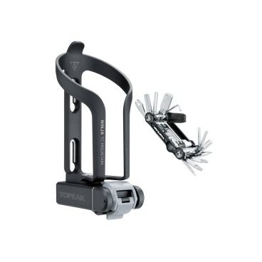 Флягодержатель с инструментом Topeak Ninja TC Mountain integrated cage & tool box & Mini 20, TNJ-TCM Флягодержатель с инструментом Topeak Ninja TC Mountain integrated cage & tool box & Mini 20, TNJ-TCMФляги и Флягодержатели<br>Флягодержатель со скрытым встроенным боксом для инструментов и скрытым инструментом, к которому легко получить доступ простым поворотом. В комплект входит полностью металлический 23-функциональный мини-инструмент.<br><br>В комплект входят: мультитул Topeak Mini 20 Pro<br>Инструменты: 20 всего<br>Шестигранники: 2/2-L/2.5/3 (по 2), 4/5/6/8/10mm<br>Torx®: T10/T25<br>Спицной ключ:14g/15g/ Mavic M7/ Shimano<br>Выжимка цепи: Легированная CrMo сталь<br>Крюк цепи: Нержавеющая стальная проволока Steel Wire<br>Монтажки: Супер прочное анодирование<br>Отвертки: Крестовая/ Плоская<br>Открывашка: Закаленная сталь<br>Материал ключей: Каленная сталь<br>Корпус: Кованный алюминий<br>Размеры (Д x Ш x В): 7.6 x 4.2 x 1.8 см<br>Вес: 151 г<br>Материал флягодержателя: Engineering grade plastic<br>Размер: 17.5 x 10 x 7.8 cm<br>Вес: 255 гр<br>