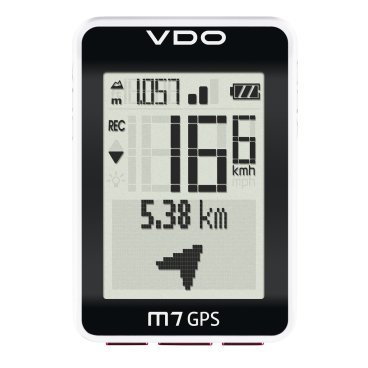 Велокомпьютер VDO M7 GPS, 12+13 функций, беспроводной, USB, температура, подсветка, 4-3047 Велокомпьютер VDO M7 GPS, 12+13 функций, беспроводной, USB, температура, подсветка, 4-3047Велокомпьютеры<br>Беспроводной велокомпьютер VDO M7 GPS: помимо основных функций велосипедного компьютера, имеются функции, сыязанные с GPS. Более подробная информация появится позже.<br>- Отображает три параметра одновременно<br>- Функции навигатора и трекера<br>- Синхронизаци с компьютером через USB<br>- Функции альтиметра<br>- Не теряет значения при смене батареи<br>- Влагозащищенный<br>- На два велосипеда<br>- Цифровой передатчик<br>- Подсветка экрана<br>