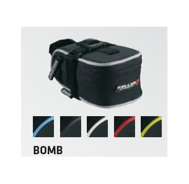 Велосумка под седло KELLYS BOMB, объем 0.4л, крепление с помощью ремешка, чёрная с голубой полоской, Saddle bag BOMB