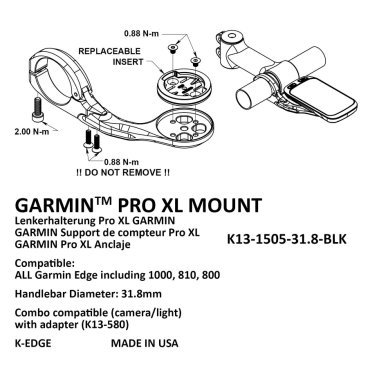 Крепление для велокомпьютера K-EDGE Garmin Pro XL Mount, 31,8mm, черный, K13-1505-31.8-BLK