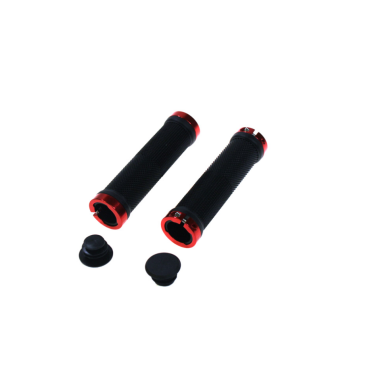 Фото Грипсы велосипедные TRIX, резиновые, 130 мм, 2 красных фиксатора, торцевые заглушки, черные, HL-G201 black/red