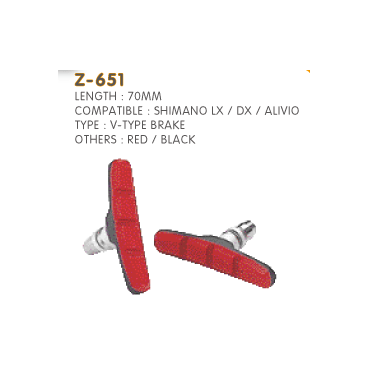 Тормозные колодки ZEIT для V-брейк тормозов, резьба, профиль 70 x 11 мм, красные, Z-651