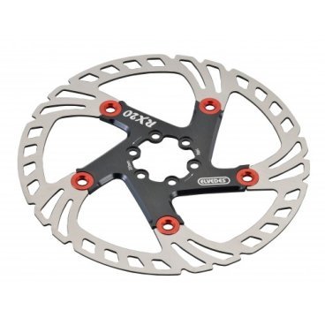 Ротор велосипедный ELVEDES RX18 (ротор), "плавающий", 180 мм, 6 болтов, черный с красными заклепками, 2015207