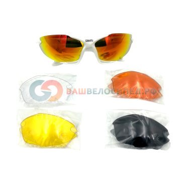 Очки велосипедные MIGHTY, солнцезащитные+чехол+прозразрачные/оранжевые/жёлтые линзы, белая оправа, 5-710013