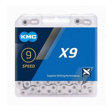Цепь велосипедная KMC X9 Silver, 9 скоростей, 114 звеньев, 1/2'' x 11/128'', серебристый, BX09NP114