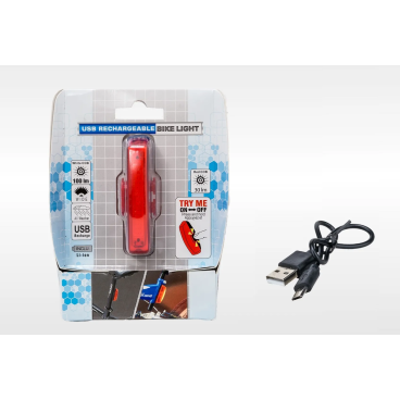 Велофонарь задний Bike Light, аккумулятор, USB кабель, LED, 2 режима работы, влагозащищенный, блистер, УТ00018617
