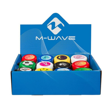 Звонок велосипедный M-Wave, комплект, в дисплей-боксе 12 штук, разных цветов и картинок, 420190