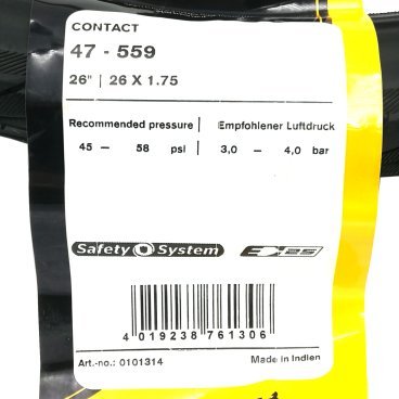 Покрышка велосипедная Continental CONTACT Plus, 26"x1.75", Reflex, 180TPI, SafetyPlusBreaker, E50, черная, 101002