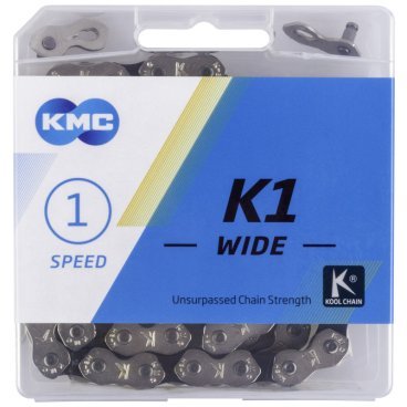 Цепь велосипедная KMC K1 WIDE, 112 звеньев, 1/2"х1/8", с замком CL710, 1 скоростная для BMX, серебристо-черный, 6-190515