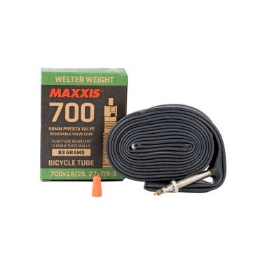 Велокамера Maxxis Welter, 700x18/25C, Presta, 48mm, Weight, 0.9mm, черная, велониппель IB81555100