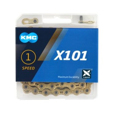 Цепь велосипедная KMC X101, 1 скоростная, 112L, индивидуальная упаковка, Gold, BX101G112