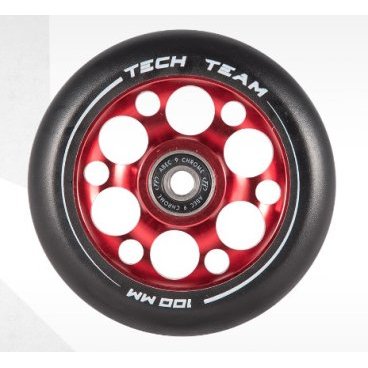 Колесо для трюкового самоката Tech Team Drilled core, 100x24 мм, алюминий, тип PU: HR, ABEC 9, красный, NN002973