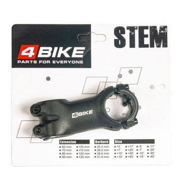 Вынос велосипедный 4BIKE TDS-C301, алюминиевый, L:75, R:+6°, D:31.8 мм, индивидуальная упаковка, чёрный, ARV000009