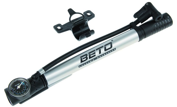 Велонасос BETO, алюминий, ножной упор с манометром, универсальная головка, Т-ручка, 5-470235