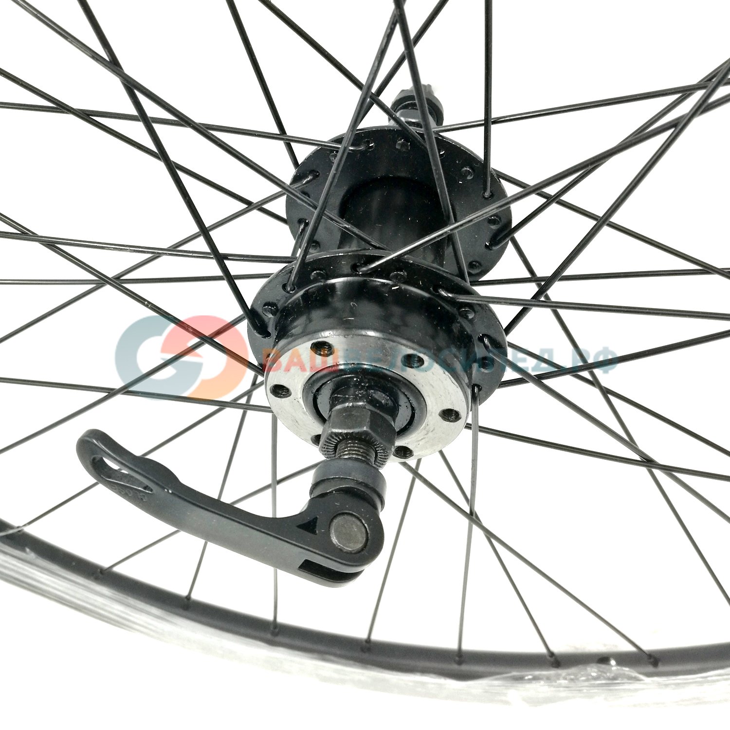 фото Колесо велосипедное tbs, 26", заднее, обод двойной, втулка сталь, под диск 6 отверстий, с эксцентриком, full black