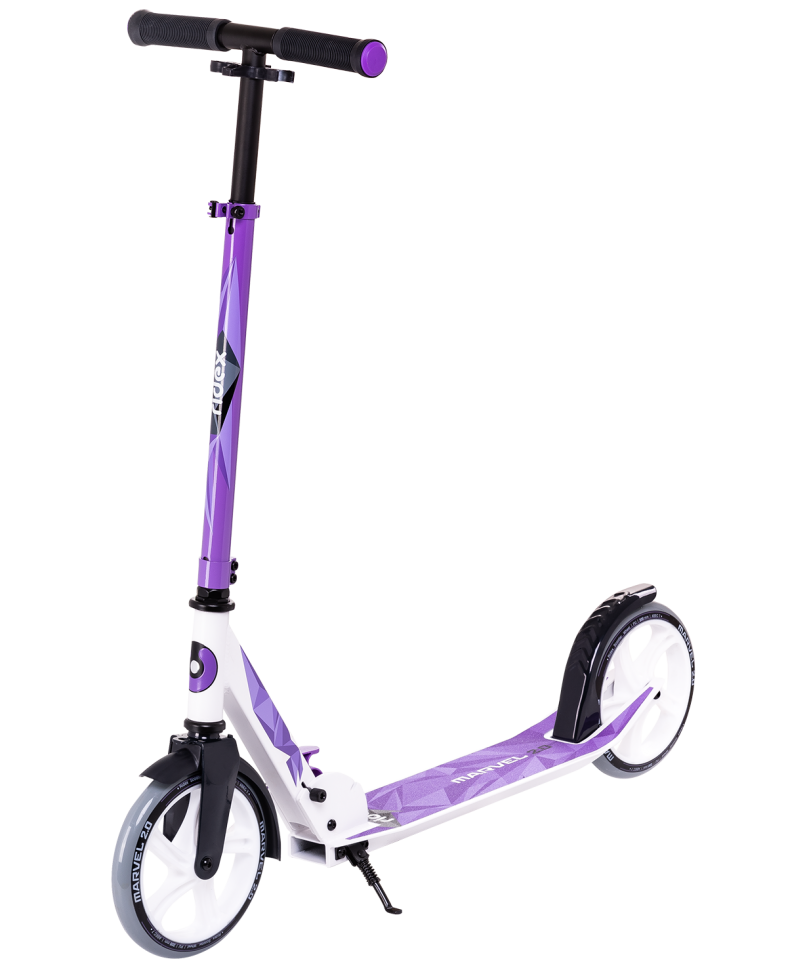 Самокат RIDEX Marvel 2.0 R, взрослый, складной, двухколесный, 200 мм, белый/фиолетовый самокат ridex kiko 3 х колесный детский складной 120 80 мм розовый фиолетовый
