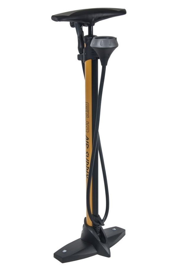 

Насос велосипедный GIYO, напольный, с манометром, высокого давления, max 160psi(11атм), двухходовой, желтый, GF56