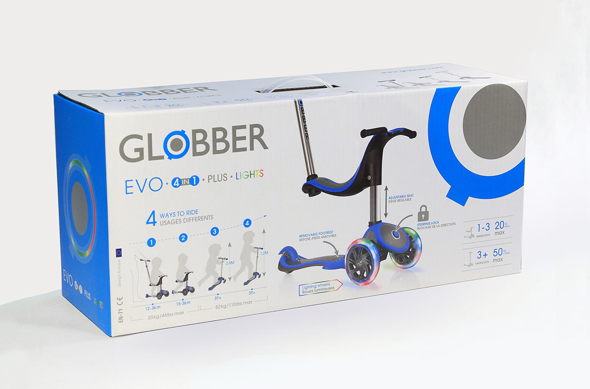 фото Самокат globber evo 4 in 1 plus lights, детский, трансформер, светящиеся колеса, подножка, голубой, 454-130