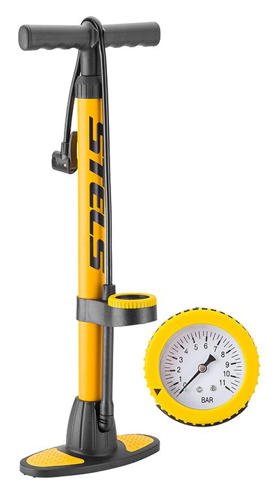 фото Насос велосипедный stels thp-2001a, ручной, стационарный, с манометром, пластиковый, желтый, 320099