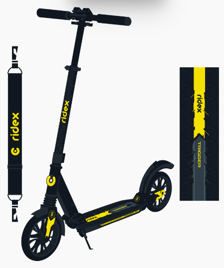 Самокат RIDEX Trigger, 2-х колесный, складной, 200 мм, дисковый тормоз, черный/желтый калиперы велосипедные alhonga twiner m дисковый механический комплект передний задний чёрный twiner m