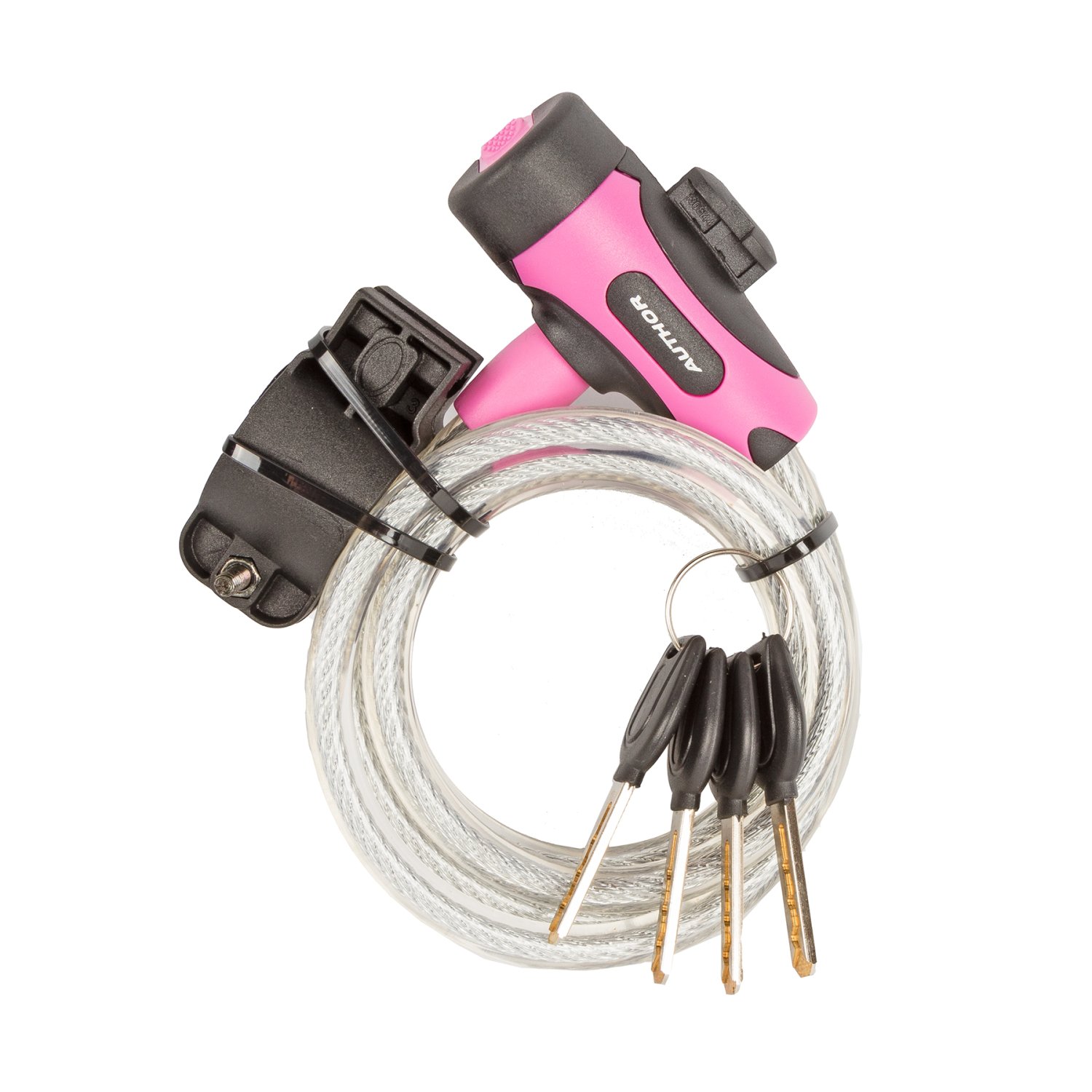 фото Велосипедный замок author asl-25, тросовый, на ключ, с креплением, 10 х 1500мм, серебристо-розовый, 8-17060221