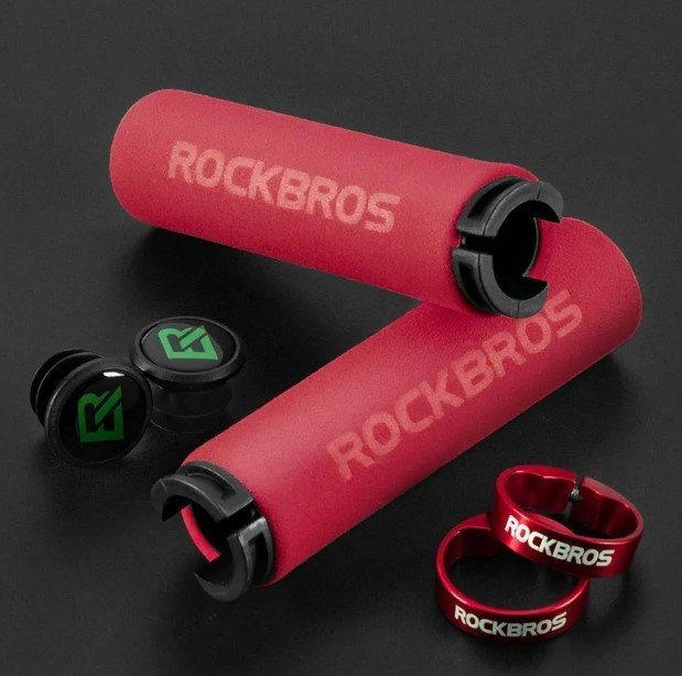 фото Грипсы велосипедные rockbros, вспененная резина, с фиксатором, красный/черный, bt1001